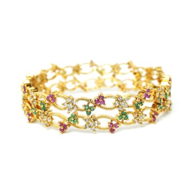 Floral CZ Stone Studded Gold-Tone Designer Bangle