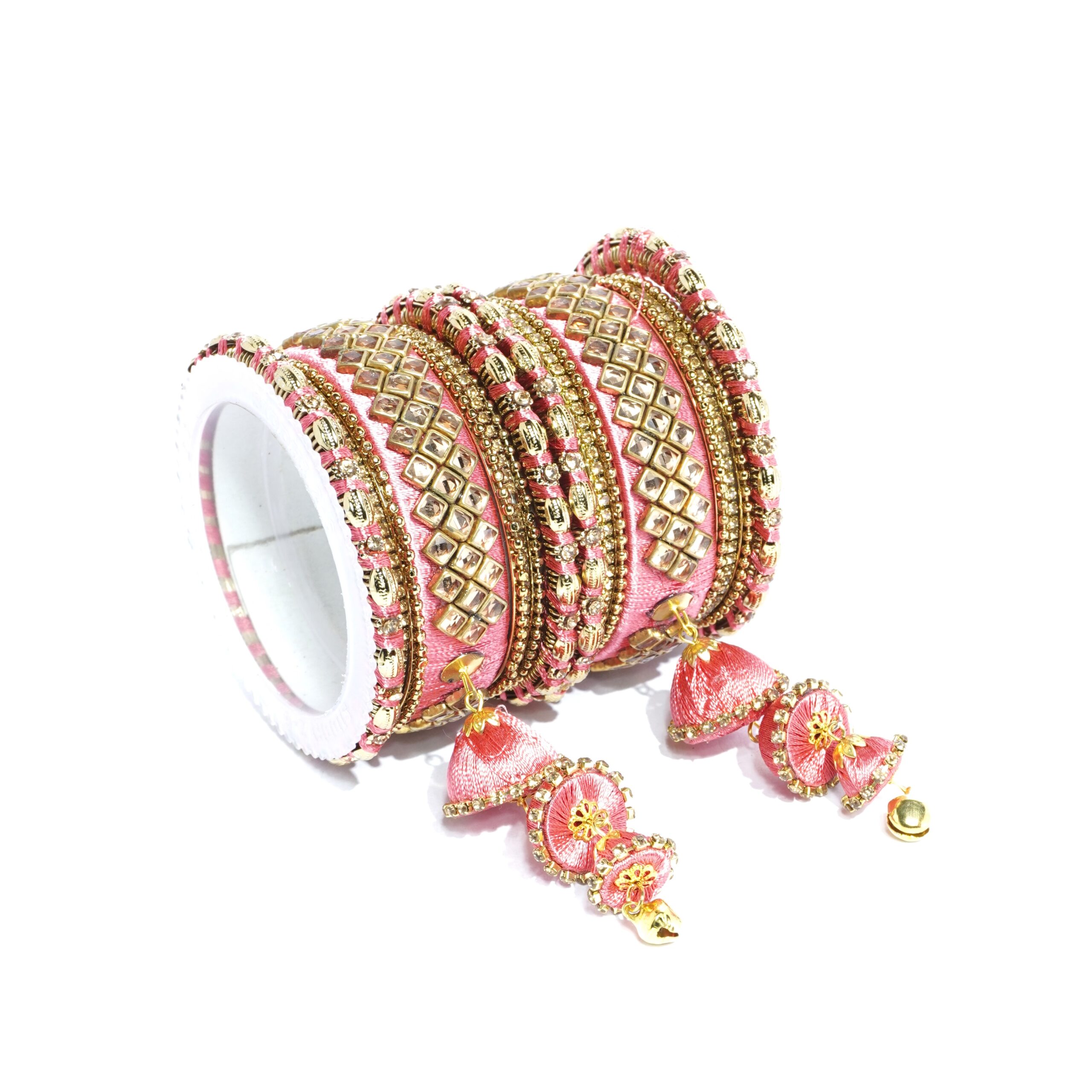 Traditional Pink Velvet Silk Thread Zircon Stone Bangle Set (Pair) - Image 2
