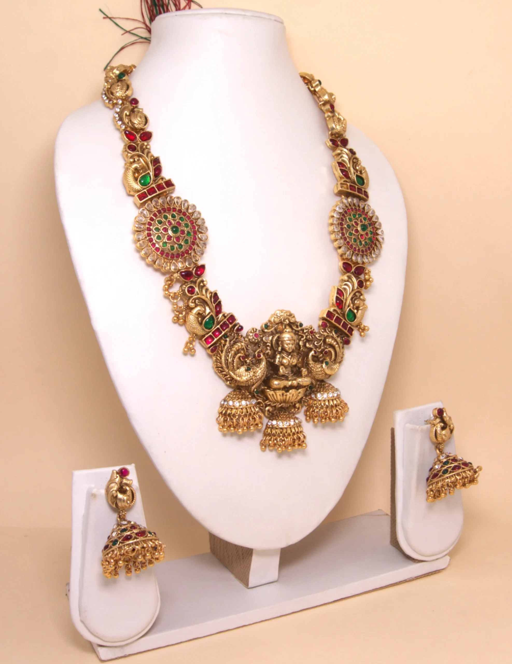 Goddess Lakshmi Pendant Temple Jewellery Necklace Set with Jhumka Earrings - Image 2