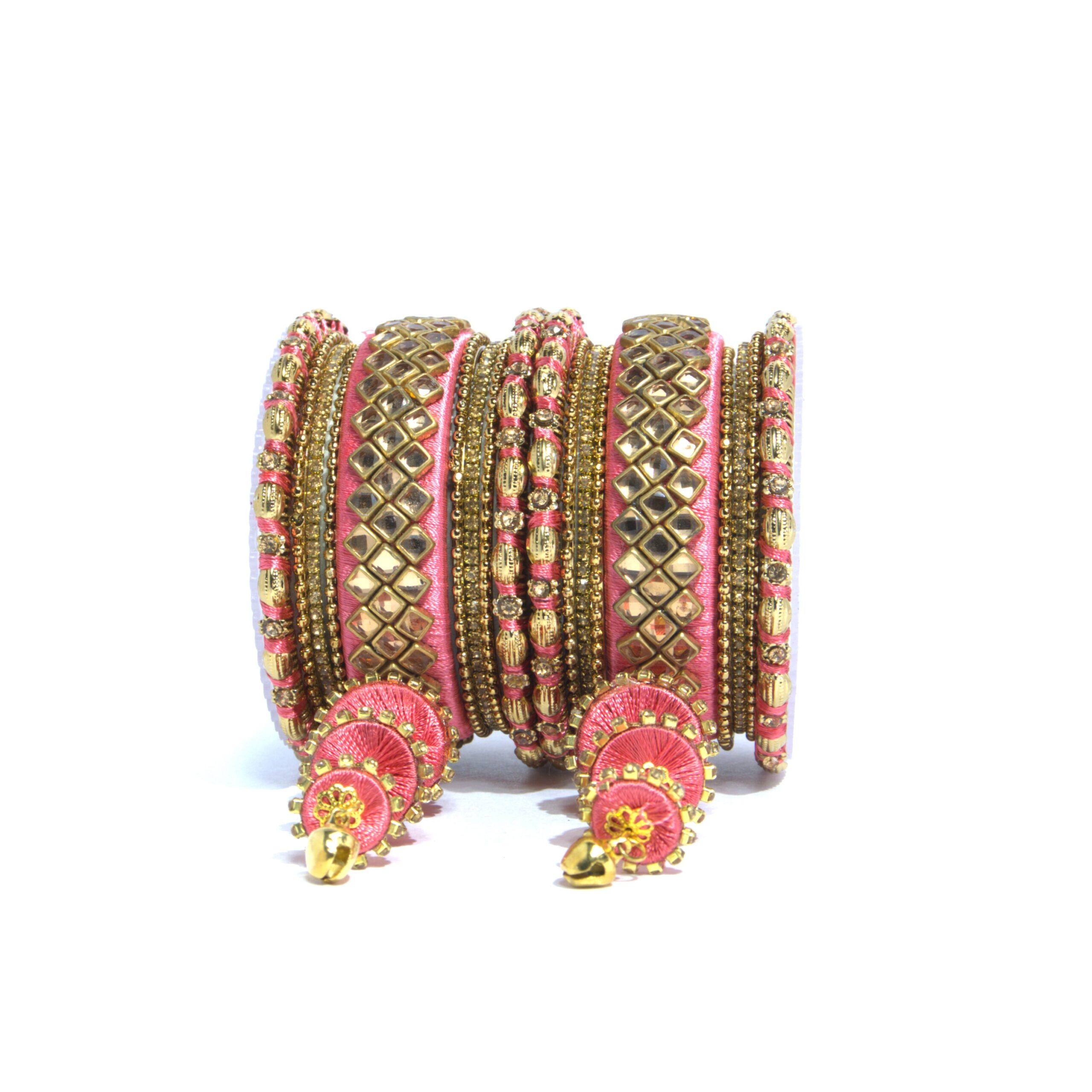 Traditional Pink Velvet Silk Thread Zircon Stone Bangle Set (Pair) - Image 3