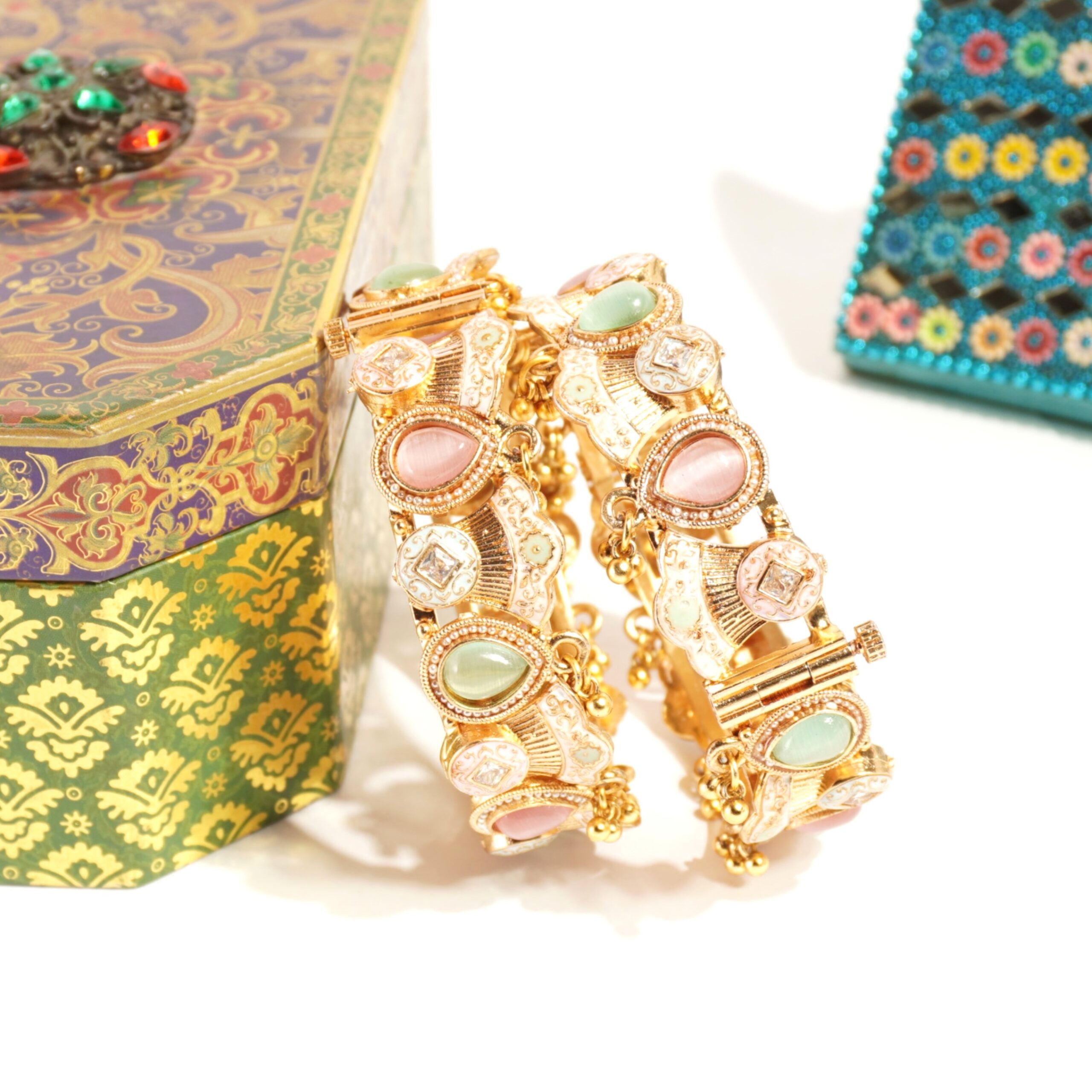 Pastel Stone-Studded Gold-Plated Bangles for Women & Girls (Set of 2) - Image 3