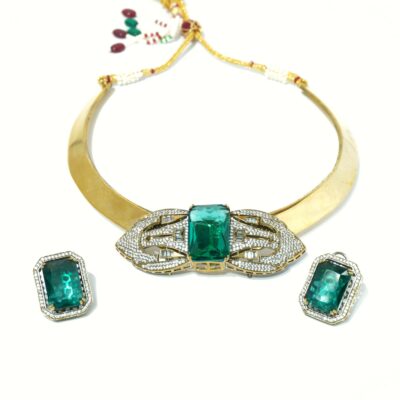 Emerald Green Stone Choker Necklace Set with Earrings