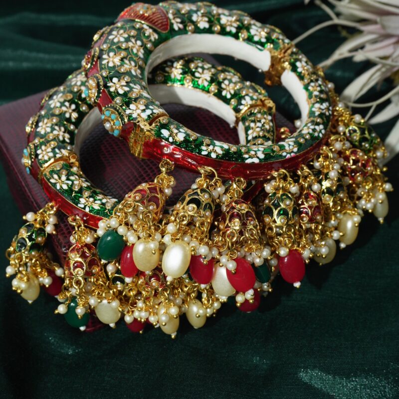 Traditional Rajasthani Rajwada Bangle Set – Multicolor Beads with Golden Kalire-Style Danglers (Chooda) - Image 3