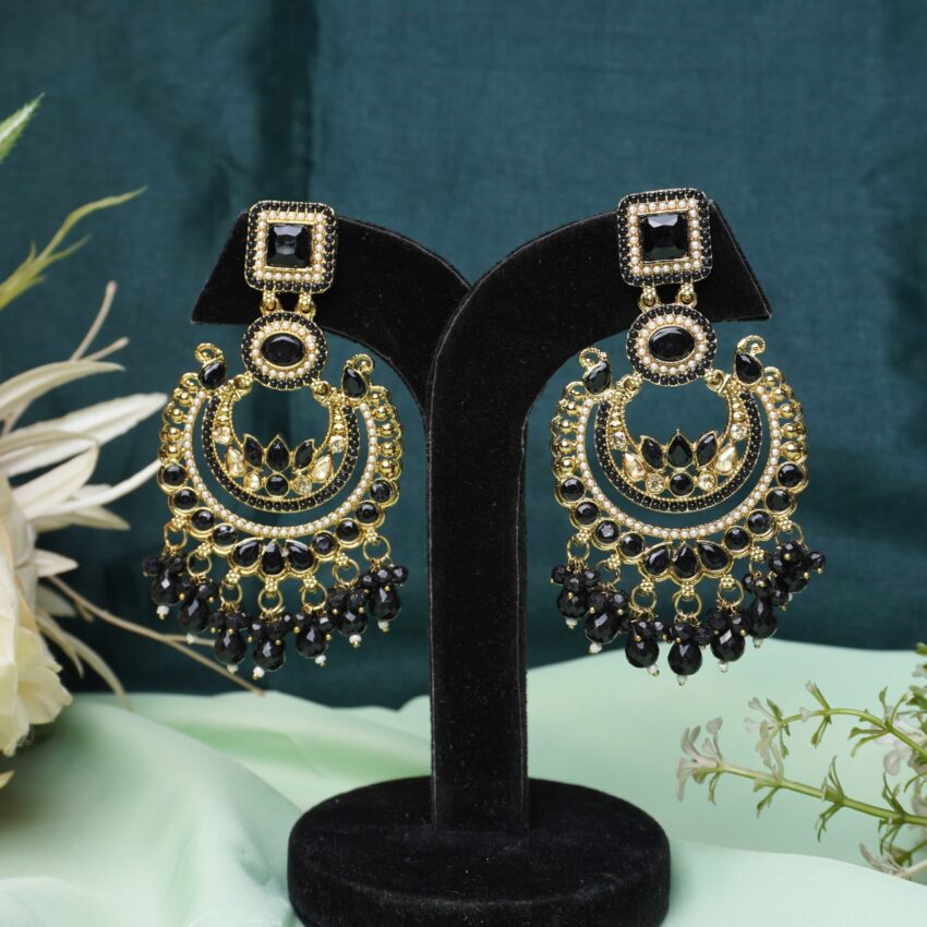 Black Stone Chandbali Earrings | Gold-Plated Traditional Indian Statement Jewelry - Image 7