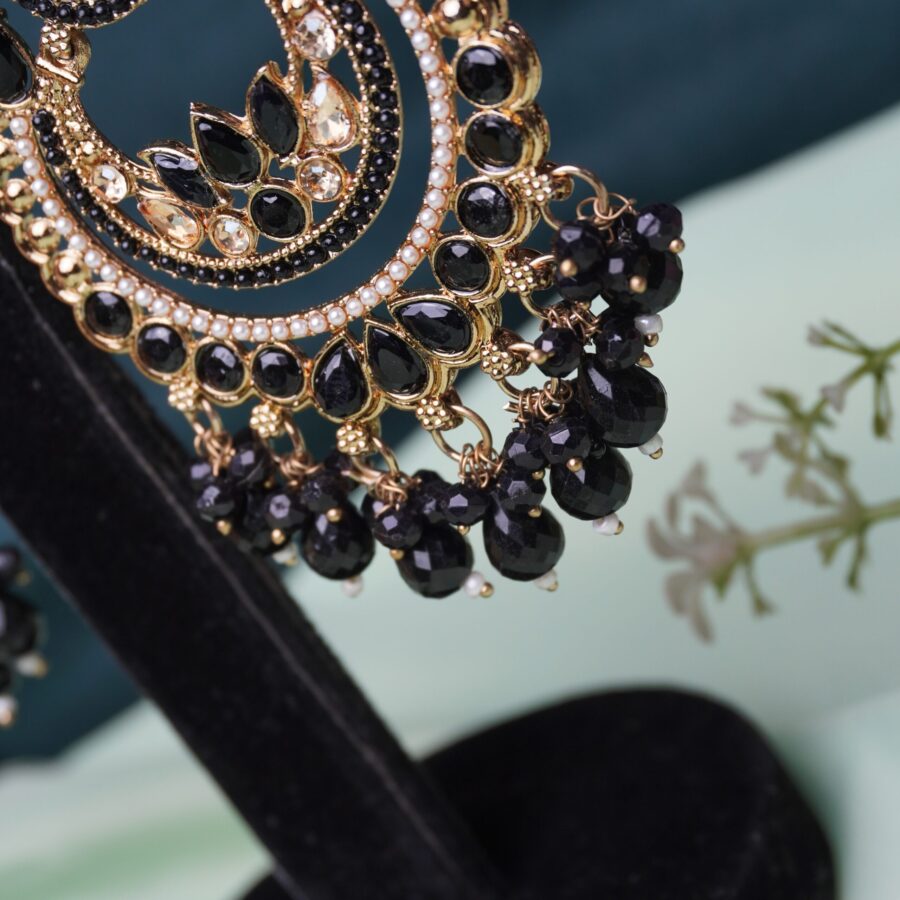 Black Stone Chandbali Earrings | Gold-Plated Traditional Indian Statement Jewelry - Image 5