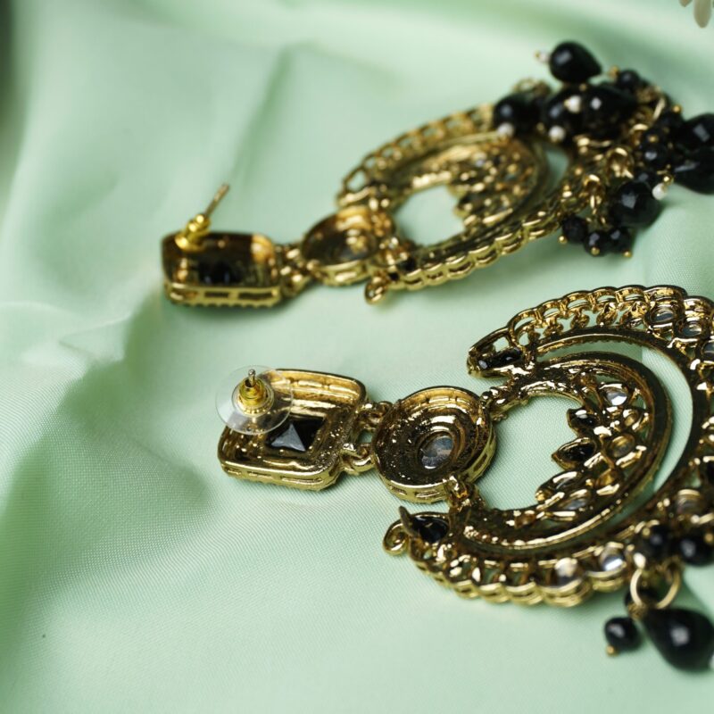 Black Stone Chandbali Earrings | Gold-Plated Traditional Indian Statement Jewelry - Image 4