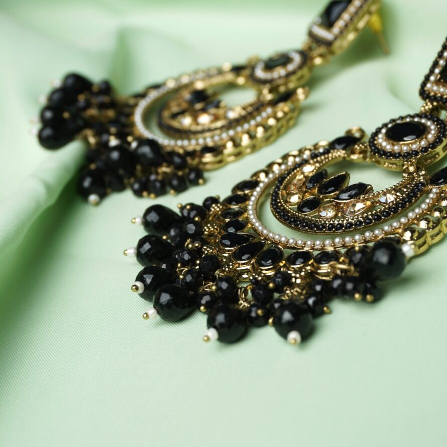 Black Stone Chandbali Earrings | Gold-Plated Traditional Indian Statement Jewelry - Image 3