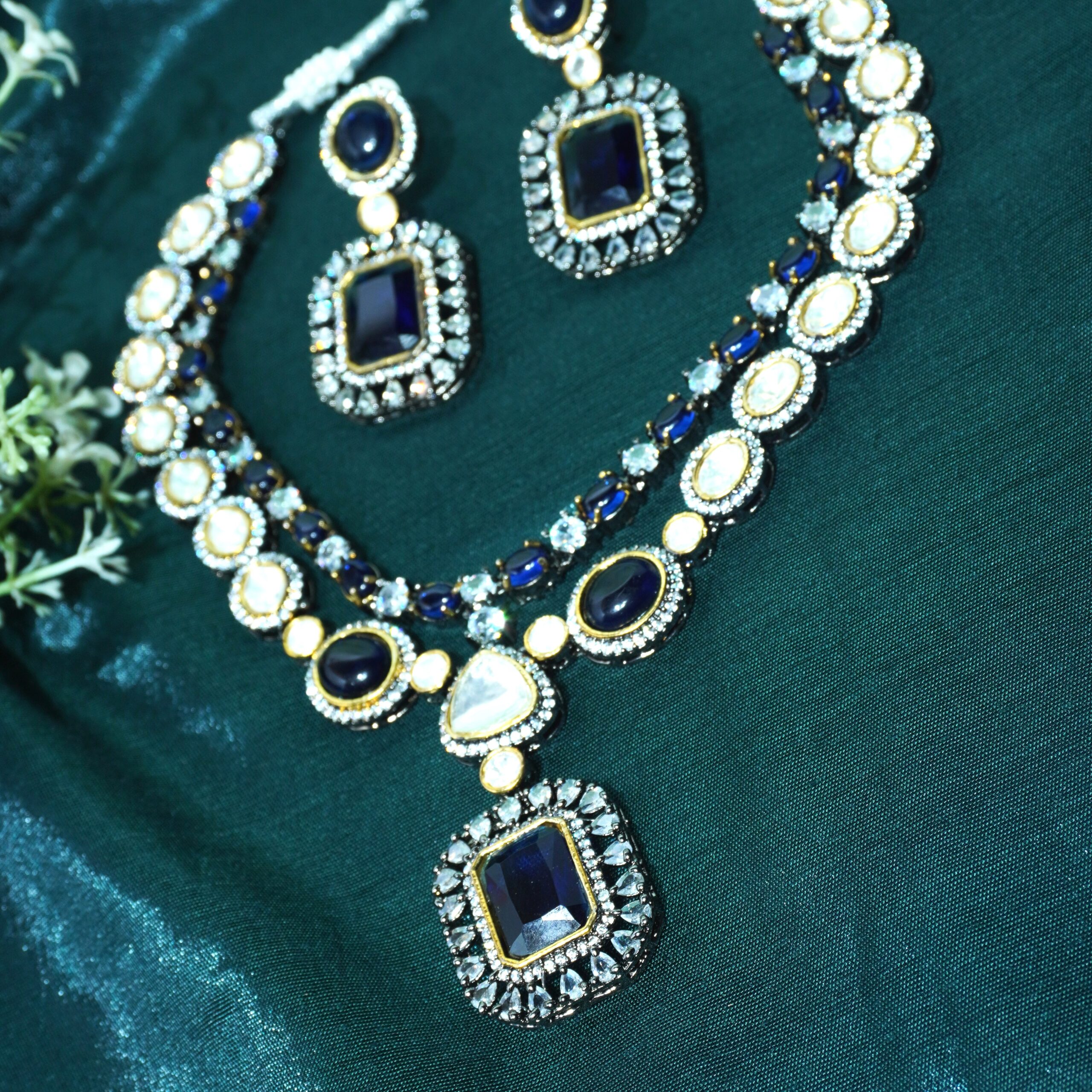 Royal Sapphire Blue Stone Necklace Set with Earrings | Bridal & Party Wear Jewelry - Image 4