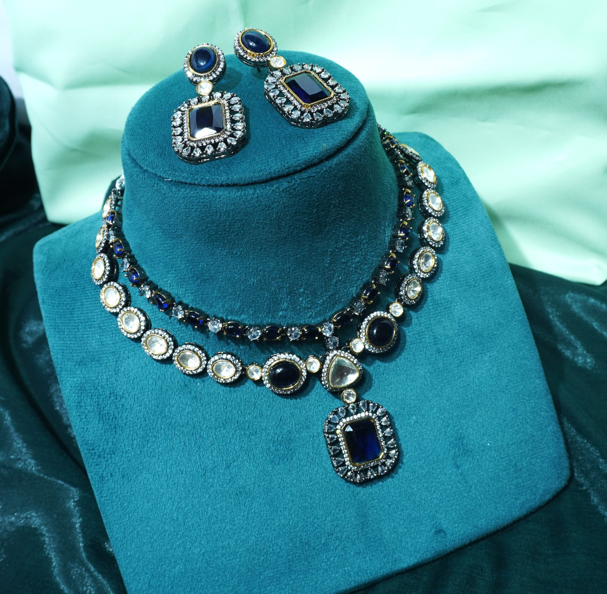 Sapphire Blue Stone Necklace Set with Earrings