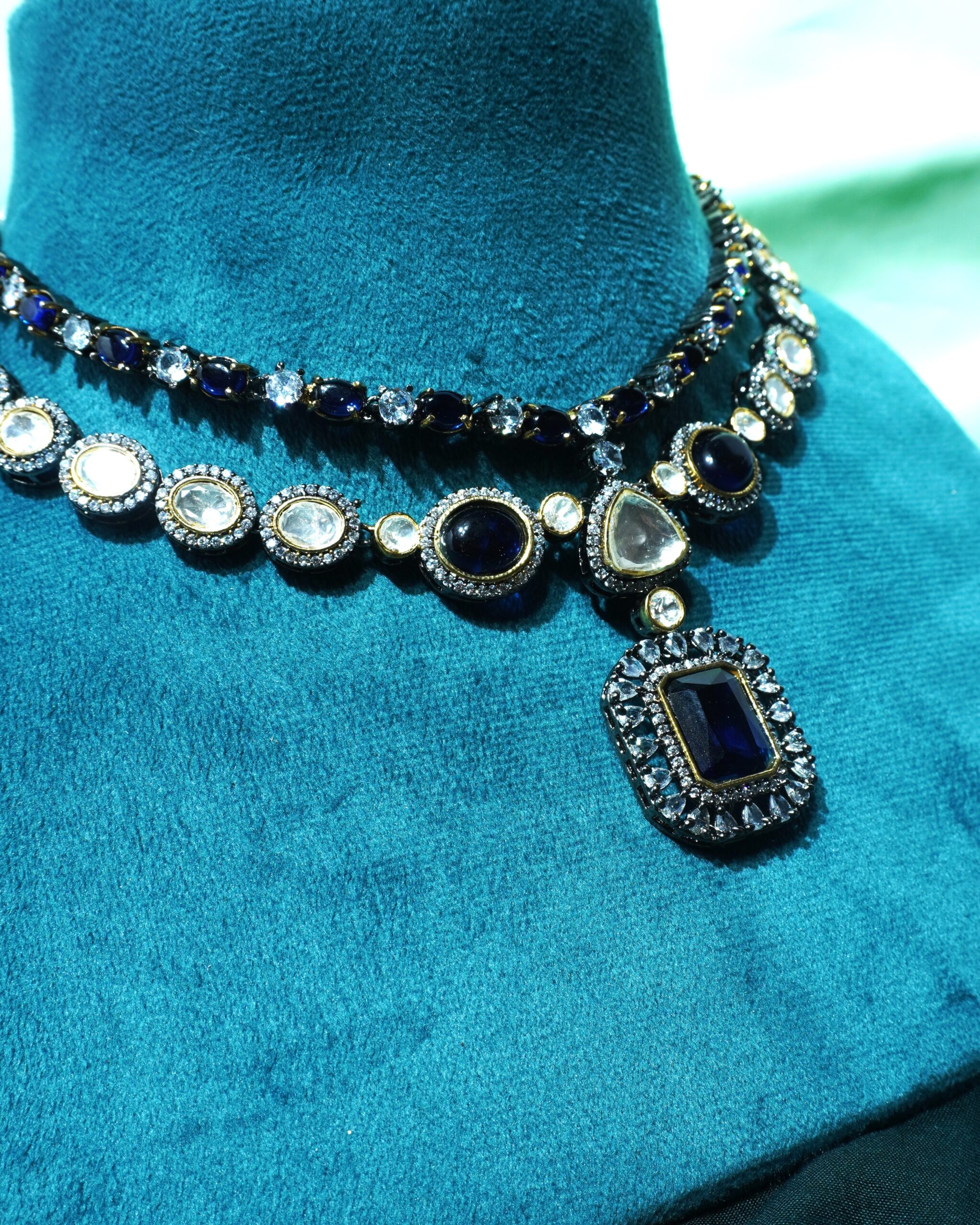 Royal Sapphire Blue Stone Necklace Set with Earrings | Bridal & Party Wear Jewelry - Image 3