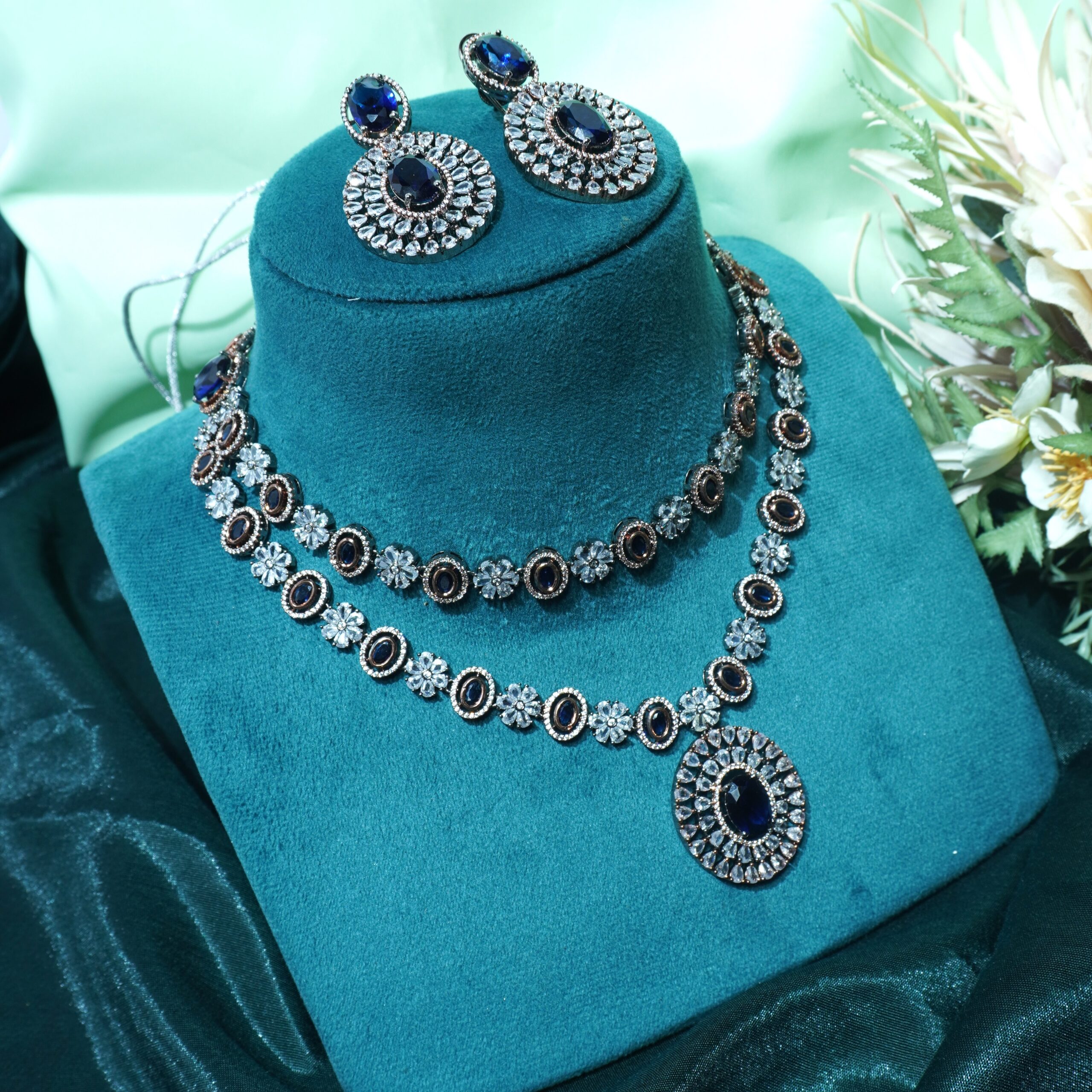 Kundan Blue Stone Double Layered Zircon Necklace Set with Matching Earrings - Image 2