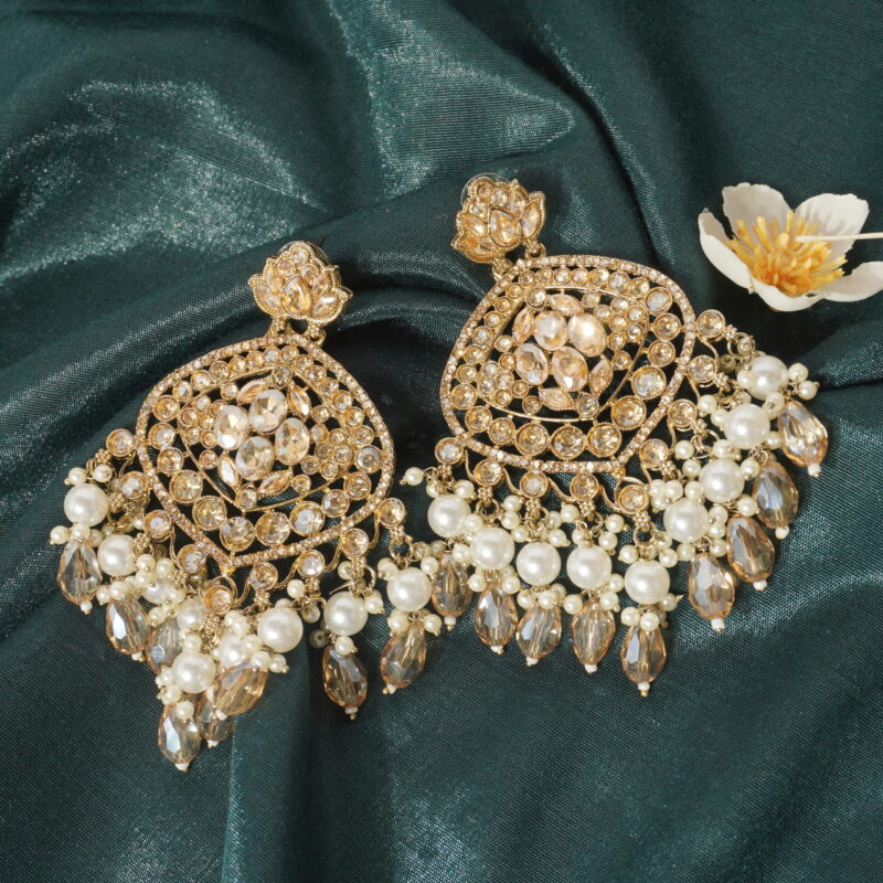 Golden Lotus Chandbali Earrings with Pearls & Kundan Stones