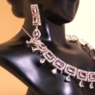 Blush Royale Pink Stone Choker Necklace Set with Earrings
