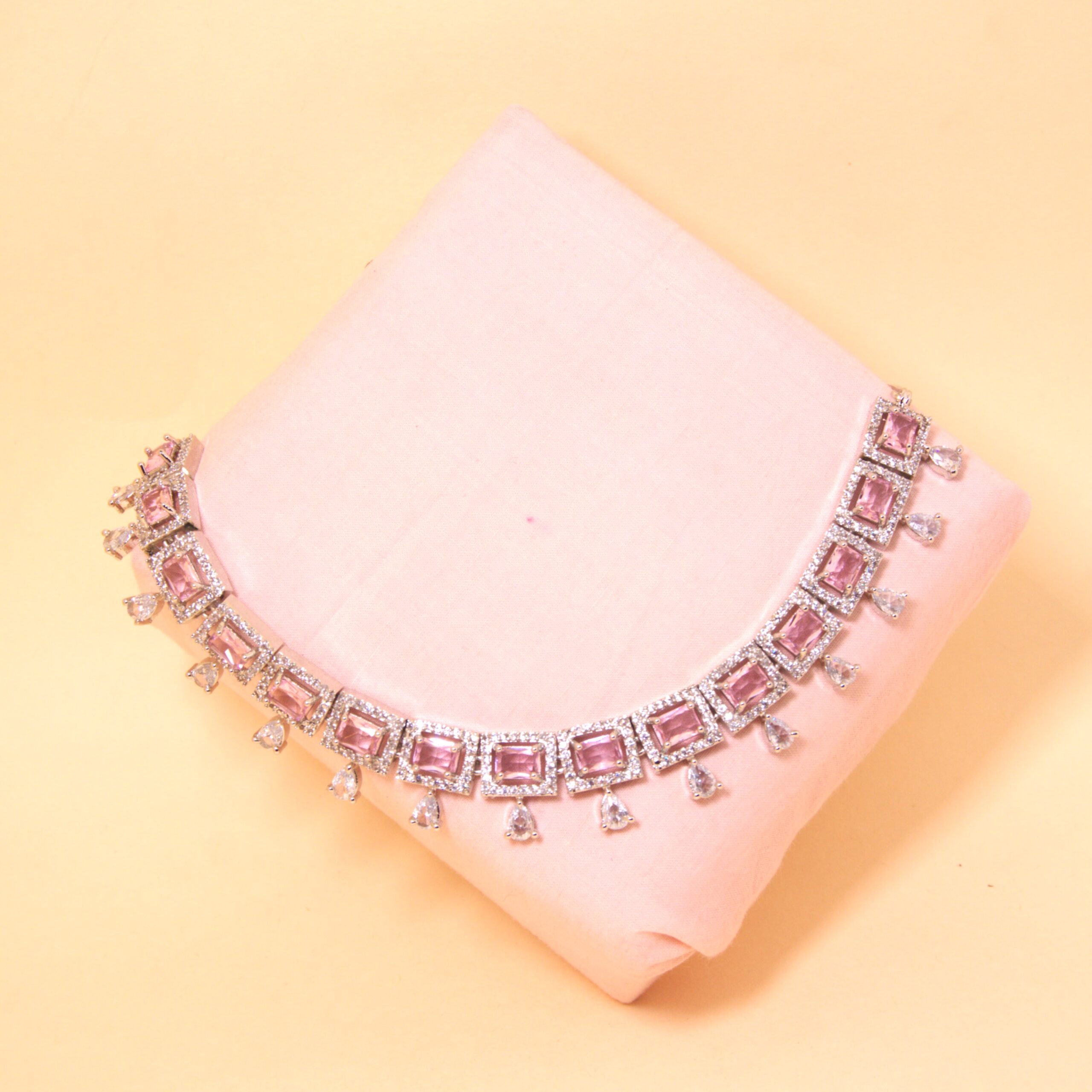 Blush Royale Pink Stone Choker Necklace Set with Beautiful Matching Earrings - Image 2