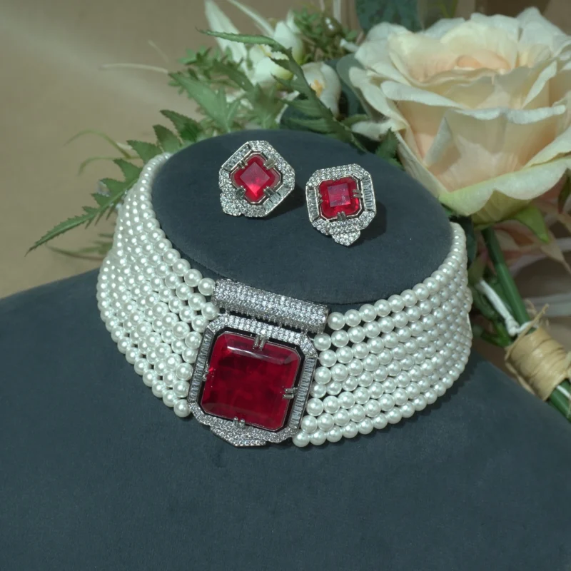 Bridal red ruby stone choker necklace set