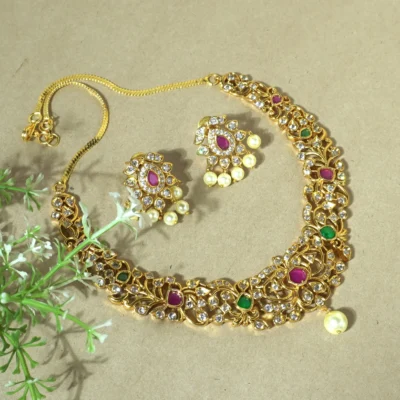Kundan Necklace Set with Ruby & Emerald Stones, Pearl Drop Earrings