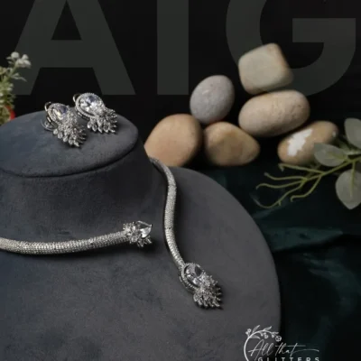 Festive dual-tone silver and gold plated Hasli necklace set with marquise-cut cubic zirconia, perfect for Indian weddings