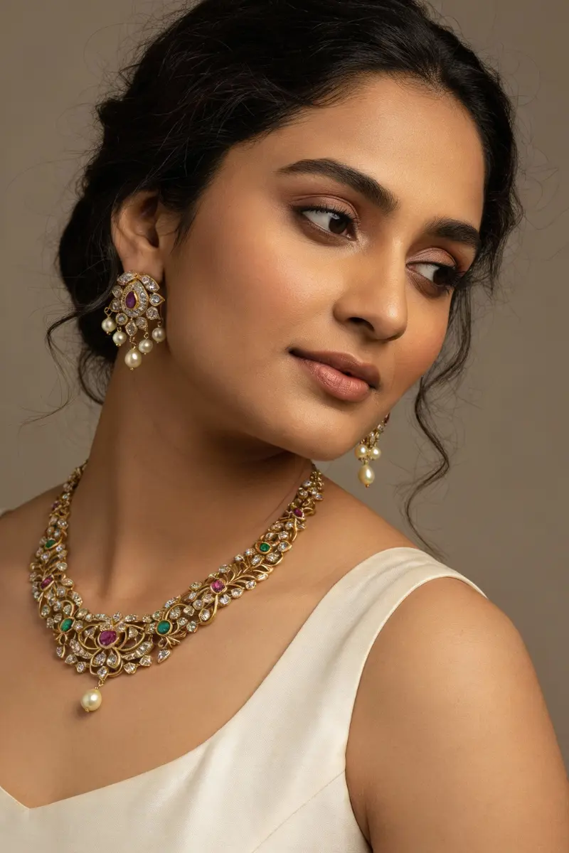 Bridal Pearl Choker Necklace Set with Red Stone & Earrings