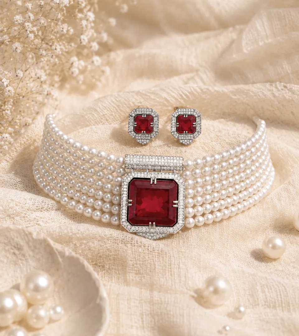 Bridal Pearl Choker Necklace Set with Red Stone — All That Glitters