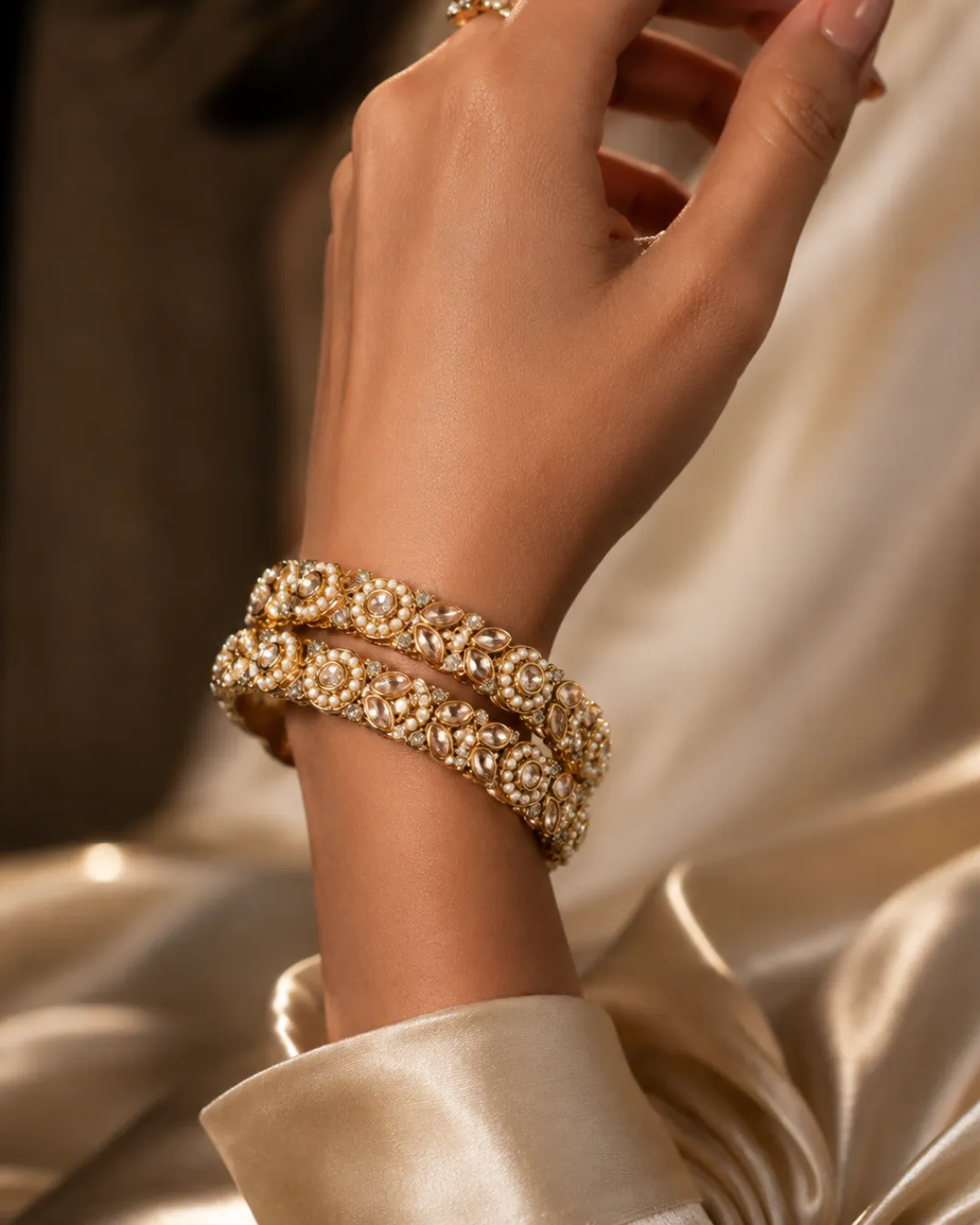 Pearl & Polki Gold Bangle Set, Floral Motif