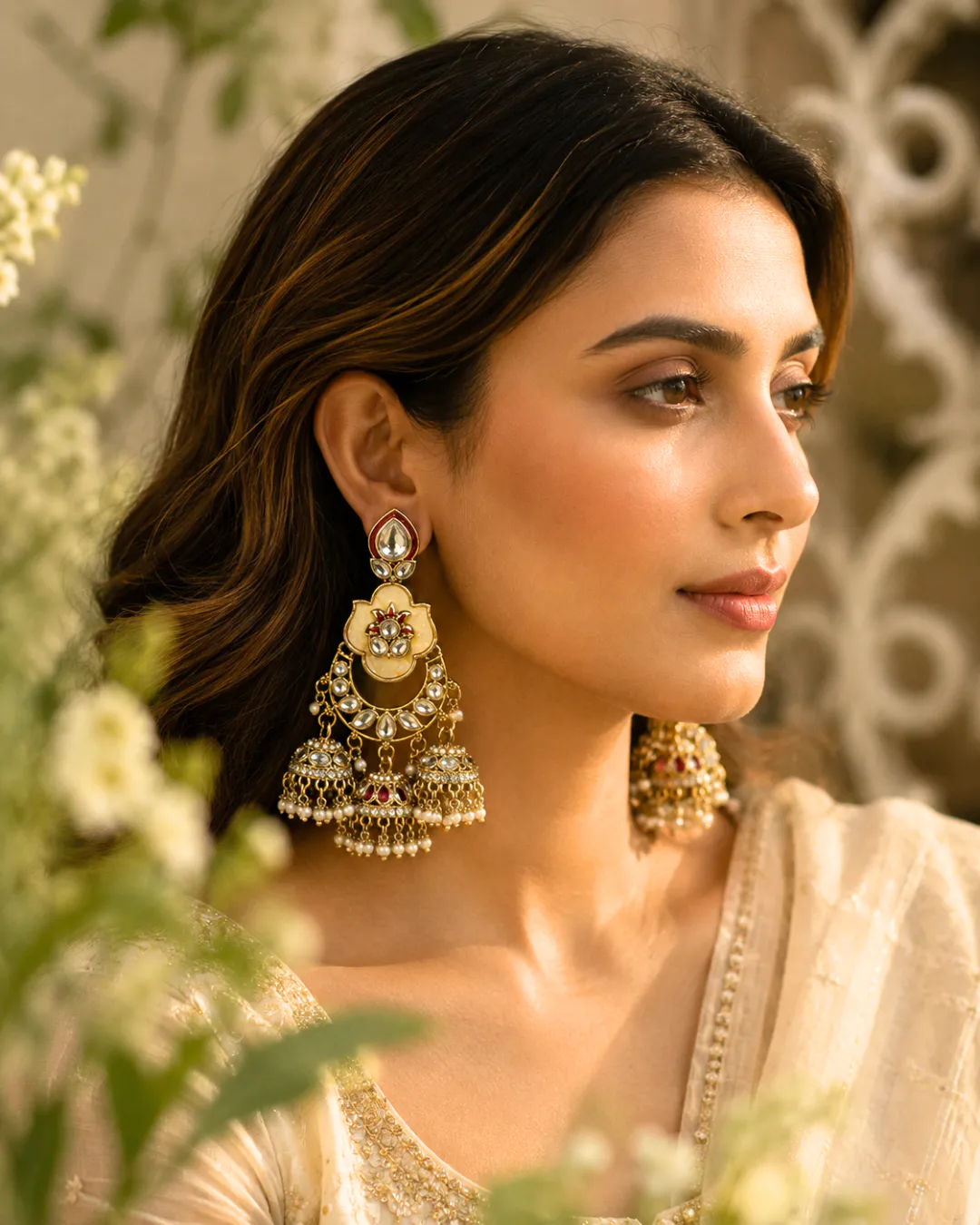 Kundan Meenakari Chandbali Jhumka Earrings
