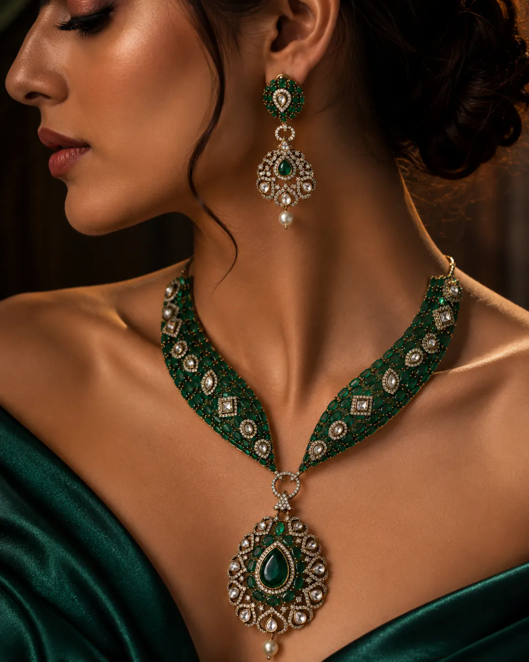 Ruby Emerald Tear & Pearl Drop Polki Kundan Necklace Set