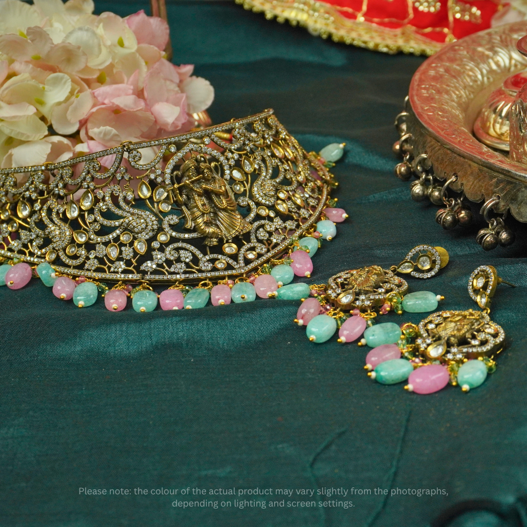 Antique Tiani Kundan-style green necklace set for women