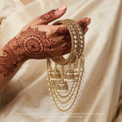 Kundan-style bridal bangle set with hanging jhumka details