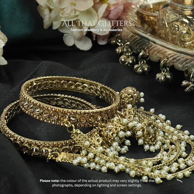 Kundan-style bridal bangle set with hanging jhumka details