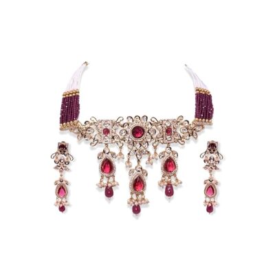 Antique Tiani Kundan-style choker necklace set with ruby-red stones and earrings
