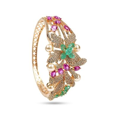 Floral statement kada for women with pink green AD stones and pearls