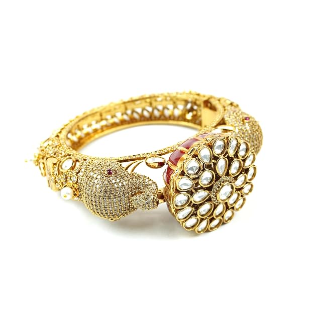 Gold Plated Kundan Elephant Head Kada Bangle