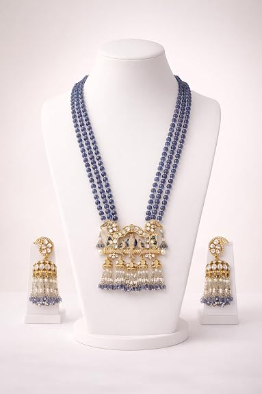 Traditional Necklace Set for Women | Blue Bead Kundan-Style - Image 2