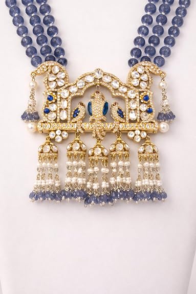 Traditional Necklace Set for Women | Blue Bead Kundan-Style - Image 3