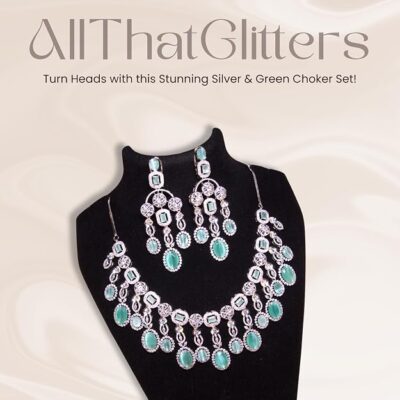 Mint Green & Silver Kundan Necklace Set | AD Stone Jewellery