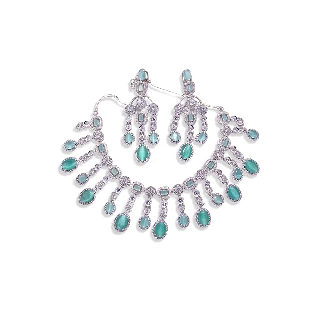 Mint Green & Silver Kundan Necklace Set | AD Stone Jewellery