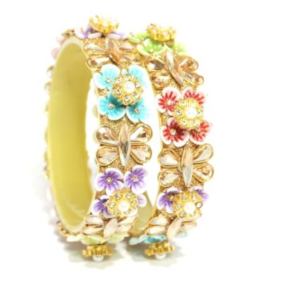 Multicolor Glass Bangle Set with Gold Zircon & Bead Detailing