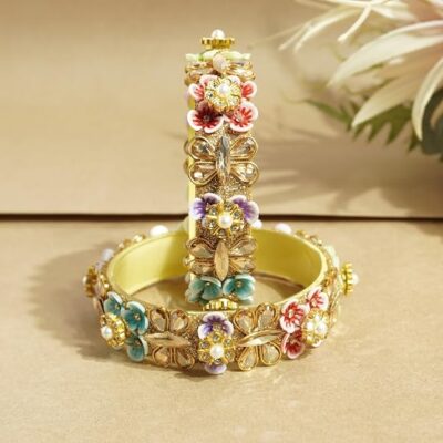 Multicolor Glass Bangle Set with Gold Zircon & Bead Detailing
