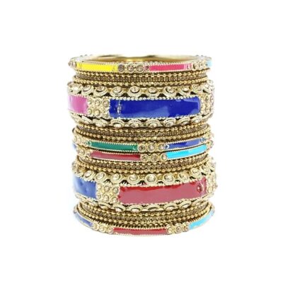 Multicolor traditional bangle set for women with gold-tone detailing and crystal embellishments