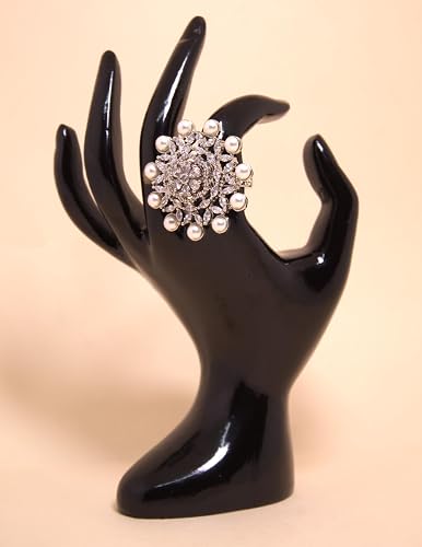 Zircon Bridal Ring for Women | Pearl & CZ Statement Adjustable Ring - Image 3