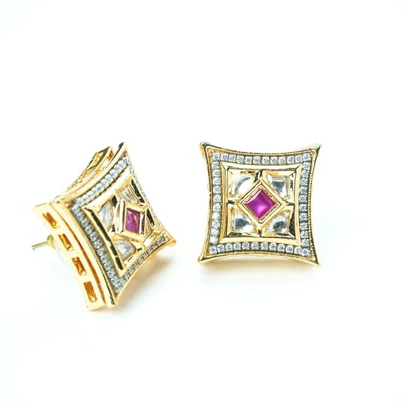 Stylish Square Stud Earrings for Women | Pink Stone Geometric Earrings - Image 2