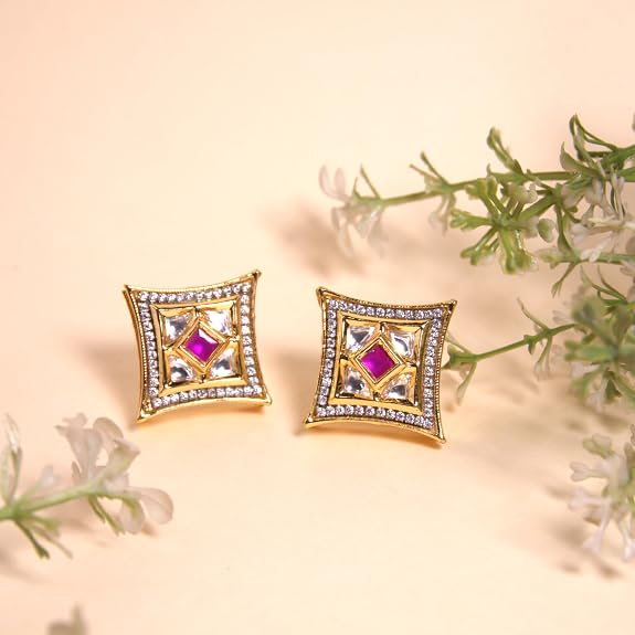 Stylish Square Stud Earrings for Women | Pink Stone Geometric Earrings - Image 4