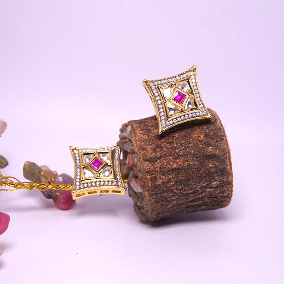 Stylish Square Stud Earrings for Women | Pink Stone Geometric Earrings - Image 5