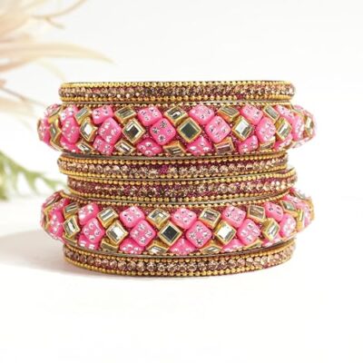 Pink Kundan and mirror work Chuda style bangle set for women