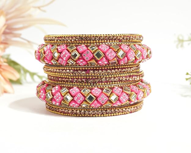 Pink Kundan and mirror work Chuda style bangle set for women