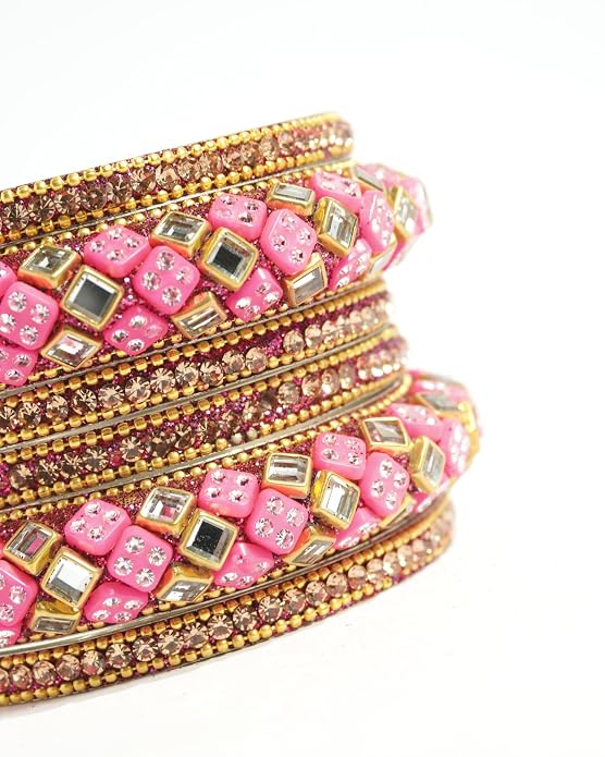 Pink Kundan and mirror work Chuda style bangle set for women