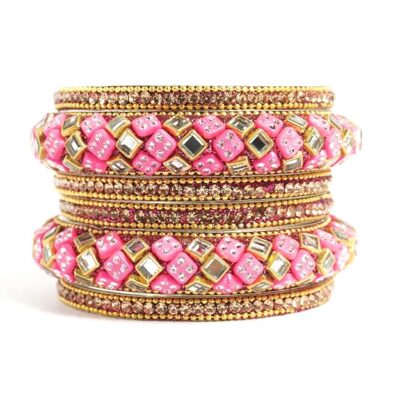 Traditional Pink Gold-Tone Kundan & Mirror Work Chuda Style Bangle