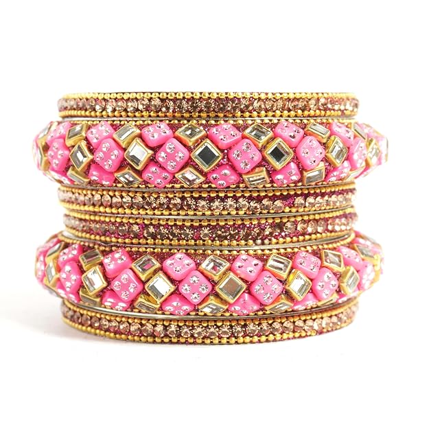 Traditional Pink Gold-Tone Kundan & Mirror Work Chuda Style Bangle