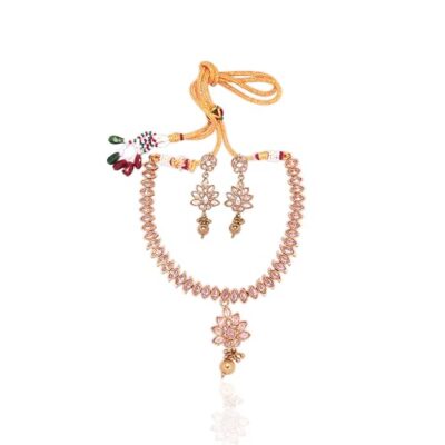 VEDA Kundan necklace with antique gold floral design and pink pendant