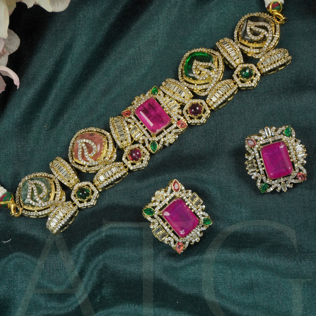 Victorian Ruby Choker Necklace Set with Earrings – Multi-Stone Antique Gold - Image 4